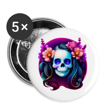 Dame du Crâne Mystique aux Fleurs – Néon Gothique - Lot de 5 grands badges (56 mm) - blanc - Devant