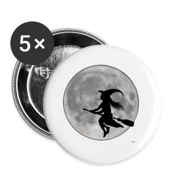 Fliegende Hexe vorm Mond - Buttons groß 56 mm (5er Pack) - Weiß - Vorne