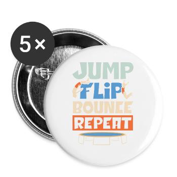 Jump Flip Bounce Wiederholung Trampoliner Trampoli - Buttons groß 56 mm (5er Pack) - Weiß - Vorne