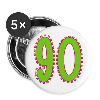 90. 90 JAHRE. 90. JAHRESTAG. 90-JÄHRIGES JUBILÄUM. - Buttons groß 56 mm (5er Pack) - Weiß - Vorne