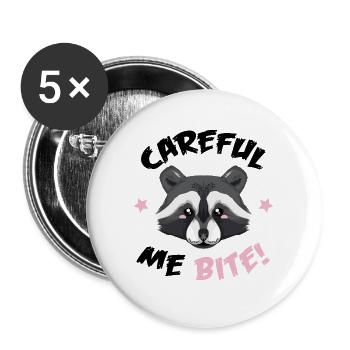 Careful Me Bite - Waschbär Cartoon, dunkle Schrift - Buttons groß 56 mm (5er Pack) - Weiß - Vorne