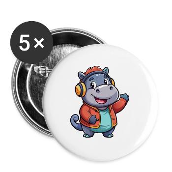 Hippo Funny Cartoon Character Musique de casque - Lot de 5 grands badges (56 mm) - blanc - Devant