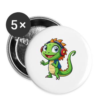 Eidechse Lustige Zeichentrickfigur Kopfhörer Musik - Buttons groß 56 mm (5er Pack) - Weiß - Vorne