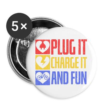Einstecken, aufladen und Spaß haben Elektrofahrrad - Buttons groß 56 mm (5er Pack) - Weiß - Vorne