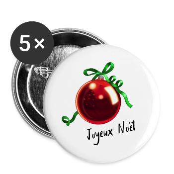 Joyeux Noël - Rote Christbaumkugel mit Schleife - Buttons groß 56 mm (5er Pack) - Weiß - Vorne