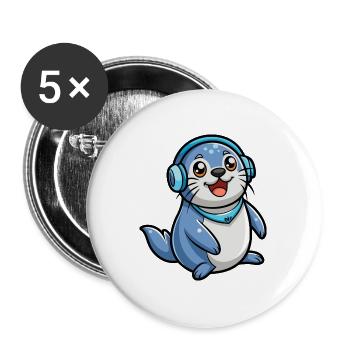 Seal Funny Cartoon Character Musique de casque - Lot de 5 grands badges (56 mm) - blanc - Devant