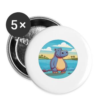 Nilpferd Aquarell Cartoon Kawaii Clipart Tier - Buttons groß 56 mm (5er Pack) - Weiß - Vorne