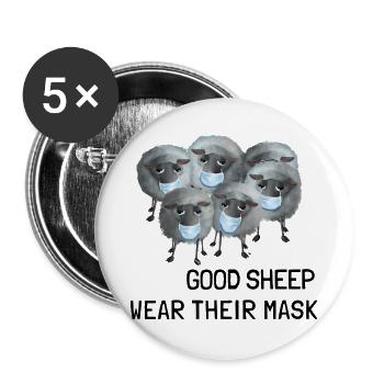 Good Sheep wear their Mask - Herde mit Mundschutz - Buttons groß 56 mm (5er Pack) - Weiß - Vorne