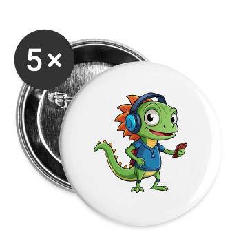 Eidechse Lustige Zeichentrickfigur Kopfhörer Musik - Buttons groß 56 mm (5er Pack) - Weiß - Vorne