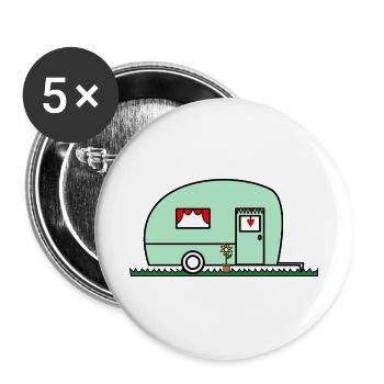 WOHNWAGEN. - CAMPING. - RUHESTAND. - Urlaub. REISE - Buttons groß 56 mm (5er Pack) - Weiß - Vorne