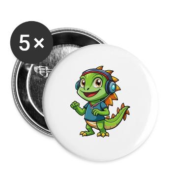 Leguan Lustige Zeichentrickfigur Kopfhörer Musik - Buttons groß 56 mm (5er Pack) - Weiß - Vorne
