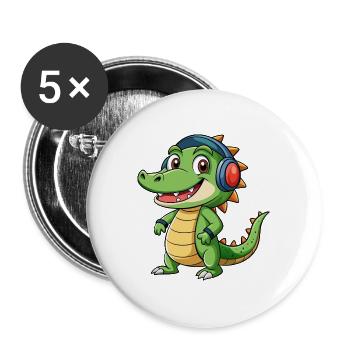 Krokodil Lustige Zeichentrickfigur Kopfhörer Musik - Buttons groß 56 mm (5er Pack) - Weiß - Vorne
