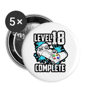 Level 18 Complete Achtzehn Jahre 18. Geburtstag - Buttons groß 56 mm (5er Pack) - Weiß - Vorne