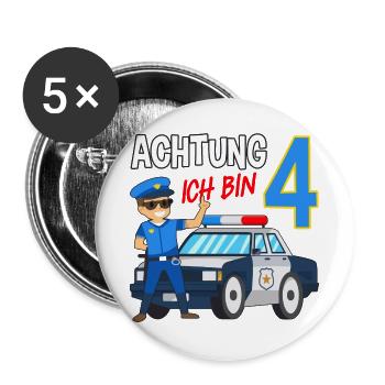 4. Geburtstag Polizei Auto 4 Jahre alt Polizist - Buttons groß 56 mm (5er Pack) - Weiß - Vorne