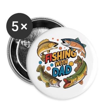 Angeln mit Papa mit bunten Fischen - Buttons groß 56 mm (5er Pack) - Weiß - Vorne
