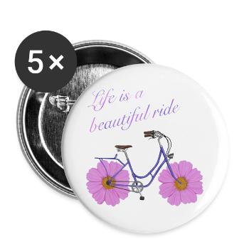 Life is a beautiful Ride - Fahrrad mit Blumen - Buttons groß 56 mm (5er Pack) - Weiß - Vorne