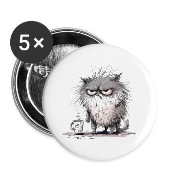Mürrische Katze Kaffeepause - Lustige Tiermotiv - Buttons groß 56 mm (5er Pack) - Weiß - Vorne