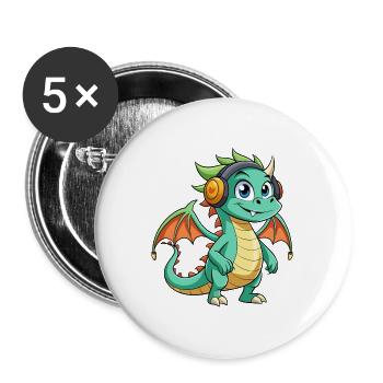 Dragon Funny Cartoon Character Musique de casque - Lot de 5 grands badges (56 mm) - blanc - Devant