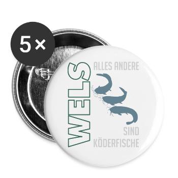 Wels angeln Waller fischen Sportfischen auf Wels - Buttons groß 56 mm (5er Pack) - Weiß - Vorne