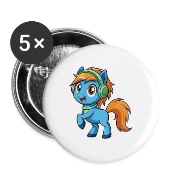 Pony Lustige Zeichentrickfigur Kopfhörer Musik - Buttons groß 56 mm (5er Pack) - Weiß - Vorne