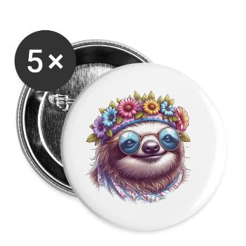 Faultier Hippie - Buttons groß 56 mm (5er Pack) - Weiß - Vorne
