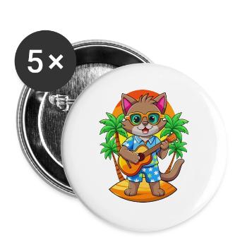 Drôle Chat Dessin Animé Plage D’été Lunettes De Soleil Guitare - Lot de 5 grands badges (56 mm) - blanc - Devant