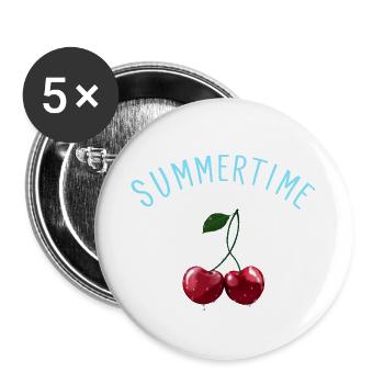 Summertime - Kirschen mit hellblauem Schriftzug - Buttons groß 56 mm (5er Pack) - Weiß - Vorne