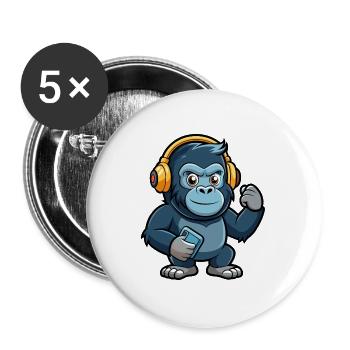 Gorilla Lustige Zeichentrickfigur Kopfhörer Musik - Buttons groß 56 mm (5er Pack) - Weiß - Vorne