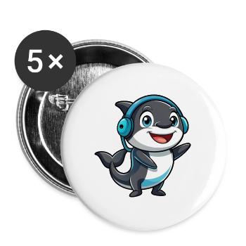 Orca Lustige Zeichentrickfigur Kopfhörer Musik - Buttons groß 56 mm (5er Pack) - Weiß - Vorne
