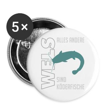 Wels angeln Waller fischen Sportfischen auf Wels - Buttons groß 56 mm (5er Pack) - Weiß - Vorne