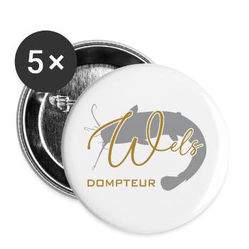 Welsdompteur Welsflüsterer Welsangler - Buttons groß 56 mm (5er Pack) - Weiß - Vorne