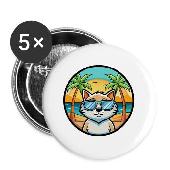 Katze Lustige Cartoon Sommer Strand Sonnenbrille Aufkleber - Buttons groß 56 mm (5er Pack) - Weiß - Vorne