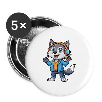 Wolf Lustige Zeichentrickfigur Kopfhörer Musik - Buttons groß 56 mm (5er Pack) - Weiß - Vorne
