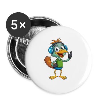 Emu Lustige Zeichentrickfigur Kopfhörermusik - Buttons groß 56 mm (5er Pack) - Weiß - Vorne