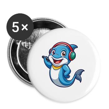 Delfin Lustige Zeichentrickfigur Kopfhörer Musik - Buttons groß 56 mm (5er Pack) - Weiß - Vorne