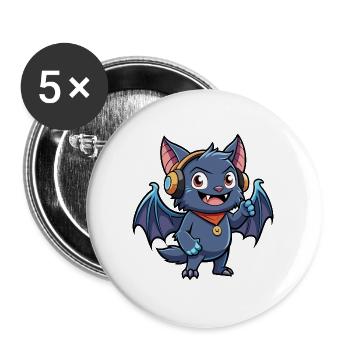 Fledermaus Lustige Zeichentrickfigur Kopfhörer Musik - Buttons groß 56 mm (5er Pack) - Weiß - Vorne