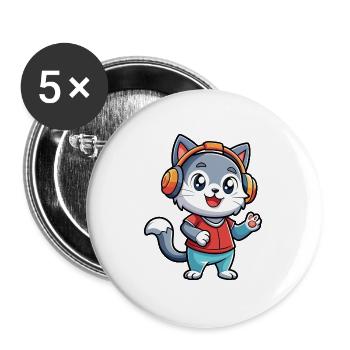 Chat Drôle Dessin Animé Personnage Casque Musique - Lot de 5 grands badges (56 mm) - blanc - Devant