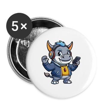 Rhino Funny Cartoon Character Musique de casque - Lot de 5 grands badges (56 mm) - blanc - Devant