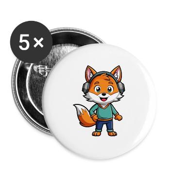 Fuchs Lustige Zeichentrickfigur Kopfhörer Musik - Buttons groß 56 mm (5er Pack) - Weiß - Vorne