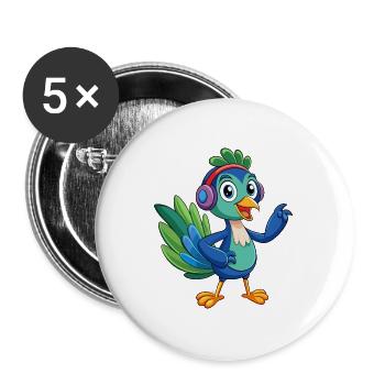 Pfau Lustige Zeichentrickfigur Kopfhörer Musik - Buttons groß 56 mm (5er Pack) - Weiß - Vorne