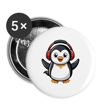 Pinguin Lustige Zeichentrickfigur Kopfhörermusik - Buttons groß 56 mm (5er Pack) - Weiß - Vorne