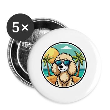 Pudel Hund Rasse Cartoon Sonnenbrille Strand - Buttons groß 56 mm (5er Pack) - Weiß - Vorne