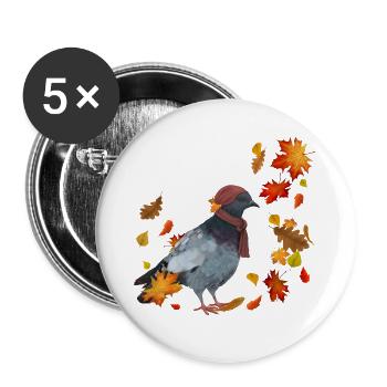 Herbsttaube mit Mütze und Schal im Herbstlaub - Buttons groß 56 mm (5er Pack) - Weiß - Vorne
