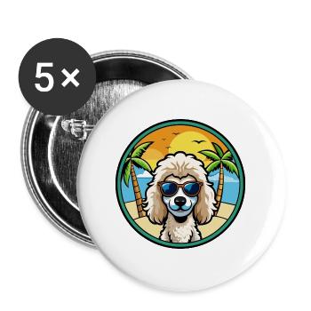 Miniaturpudel Hunderasse Cartoon Sonnenbrille Strand - Buttons groß 56 mm (5er Pack) - Weiß - Vorne