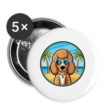 Pudel Hund Rasse Cartoon Sonnenbrille Strand - Buttons groß 56 mm (5er Pack) - Weiß - Vorne