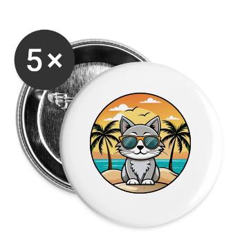 American Curl Katzenrasse Cartoon Sonnenbrille Strand - Buttons groß 56 mm (5er Pack) - Weiß - Vorne
