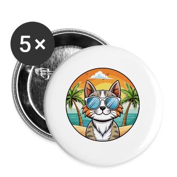 American Curl Katzenrasse Cartoon Sonnenbrille Strand - Buttons groß 56 mm (5er Pack) - Weiß - Vorne
