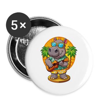 Lustige Nilpferd Cartoon Sommer Strand Sonnenbrille Gitarre - Buttons groß 56 mm (5er Pack) - Weiß - Vorne
