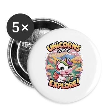 Einhörner lieben es zu erkunden! - Buttons groß 56 mm (5er Pack) - Weiß - Vorne