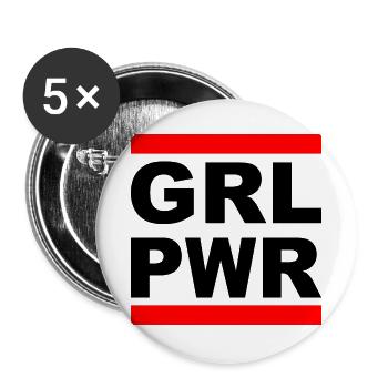Girl Power "GRL PWR" - Zeig deine Stärke! - Buttons groß 56 mm (5er Pack) - Weiß - Vorne